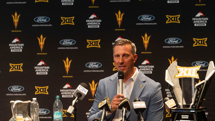 Arizona State athletic director Graham Rossini speaks to members of the media during a news conference at the Walter Cronkite School of Journalism and Mass Communication in Phoenix on June 26, 2025.