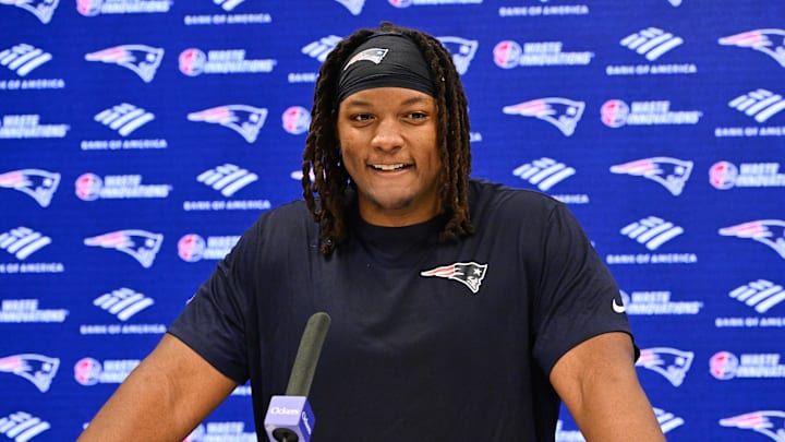 May 9, 2025; Foxborough, MA, USA; New England Patriots center Jared Wilson (58) speaks to the media after rookie camp at Gillette Stadium. Mandatory Credit: Eric Canha-Imagn Images