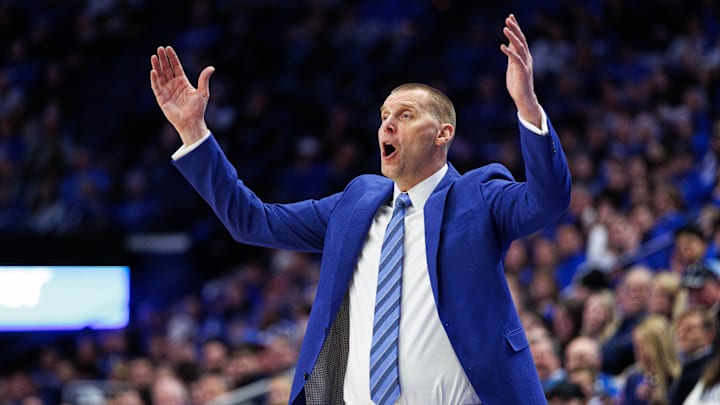 Jan 24, 2026; Lexington, Kentucky, USA; Kentucky Wildcats head coach Mark Pope reacts during the second half against the Ole Miss Rebels at Rupp Arena at Central Bank Center. Mandatory Credit: Jordan Prather-Imagn Images