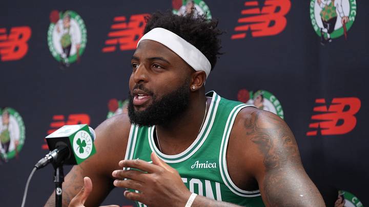 Sep 28, 2026; Boston, MA, USA; Boston Celtics center Mitchell Robinson (4) talks to reporters during media day at Auerbach Center. Mandatory Credit: David Butler II-Imagn Images