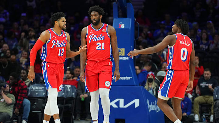 Tobias Harris, Joel Embiid, Tyrese Maxey, Philadelphia 76ers