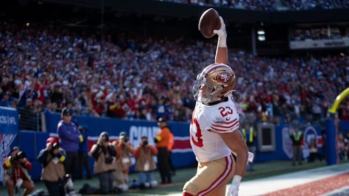 San Francisco 49ers running back Christian McCaffrey (23) celebrates after scoring a touchdown during a week 9 game between New York Giants and San Francisco 49ers at MetLife Stadium on Sunday, Nov. 2, 2025.