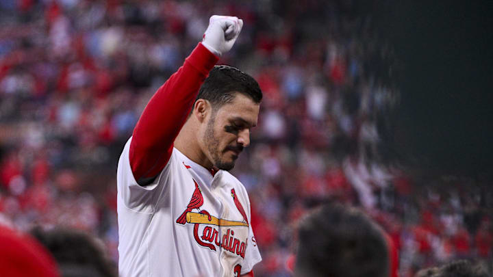 Mar 27, 2025; St. Louis, Missouri, USA;  St. Louis Cardinals third baseman Nolan Arenado (28) reacts as he receives a curtain call after hitting a solo home run against the Minnesota Twins during the eighth inning at Busch Stadium. Mandatory Credit: Jeff Curry-Imagn Images