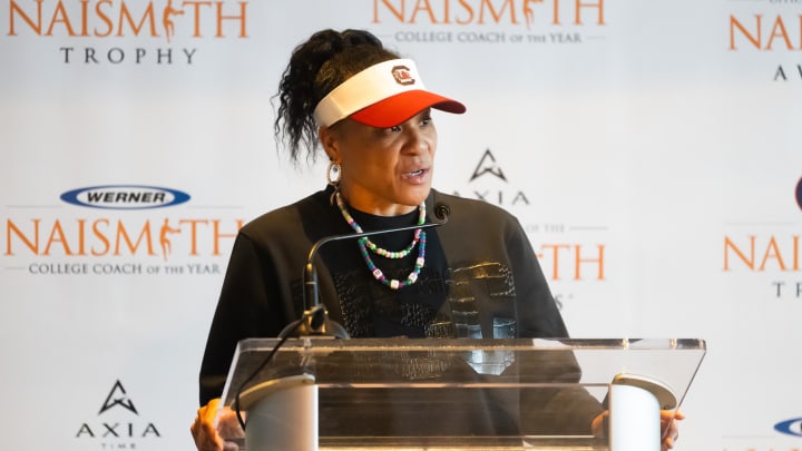 Apr 3, 2024; Cleveland, OH, USA; Dawn Staley of South Carolina  accepts the award for the Naismith Women's College Coach of the Year