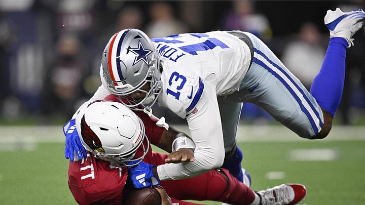 Dallas Cowboys defensive end Dante Fowler Jr. (13) sacks Arizona Cardinals quarterback Jacoby Brissett (7).