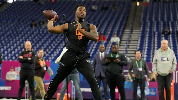 Feb 28, 2026; Indianapolis, IN, USA; Kansas quarterback Jalon Daniels (QB06) during the NFL Scouting Combine at Lucas Oil Stadium. Mandatory Credit: Kirby Lee-Imagn Images