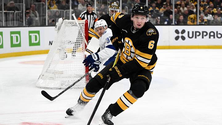 Apr 11, 2026; Boston, Massachusetts, USA; Boston Bruins defenseman Mason Lohrei (6) skates against the Tampa Bay Lightning during the second period at the TD Garden. Mandatory Credit: Brian Fluharty-Imagn Images Apr 11, 2026; Boston, Massachusetts, USA; Boston Bruins defenseman Mason Lohrei (6) skates against the Tampa Bay Lightning during the second period at the TD Garden. Mandatory Credit: Brian Fluharty-Imagn Images