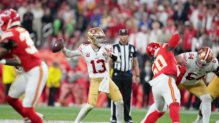 Feb 11, 2024; Paradise, Nevada, USA; San Francisco 49ers quarterback Brock Purdy (13) passes the ball against the Kansas City Chiefs during the fourth quarter of Super Bowl LVIII at Allegiant Stadium. Mandatory Credit: Kirby Lee-Imagn Images