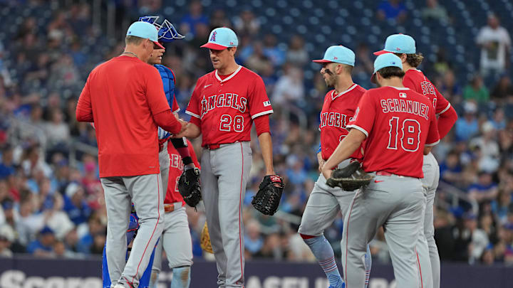 Jul 4, 2025; Toronto, Ontario, CAN; Los Angeles Angels pitcher Kyle Hendricks (28) is relieved by interim manager Ray Montgomery (81) against the Toronto Blue Jays during the sixth inning at Rogers Centre. Mandatory Credit: Nick Turchiaro-Imagn Images Jul 4, 2025; Toronto, Ontario, CAN; Los Angeles Angels pitcher Kyle Hendricks (28) is relieved by interim manager Ray Montgomery (81) against the Toronto Blue Jays during the sixth inning at Rogers Centre. Mandatory Credit: Nick Turchiaro-Imagn Images