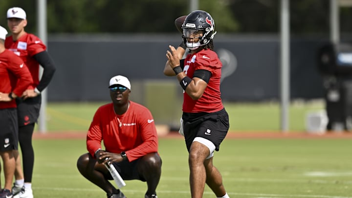 Jun 10, 2025; Houston, TX, USA; Houston Texans quarterback C.J. Stroud (7) participates in a drill during an NFL football minicamp at NRG Stadium. Mandatory Credit: Maria Lysaker-Imagn Images 