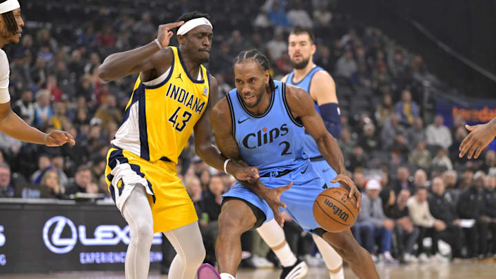 Los Angeles Clippers forward Kawhi Leonard (2) is defended by Indiana Pacers forward Pascal Siakam (43) as he drives to the basket in the first half at Intuit Dome. Mandatory Credit: Jayne Kamin-Oncea-Imagn Images Los Angeles Clippers forward Kawhi Leonard (2) is defended by Indiana Pacers forward Pascal Siakam (43) as he drives to the basket in the first half at Intuit Dome. Mandatory Credit: Jayne Kamin-Oncea-Imagn Images
