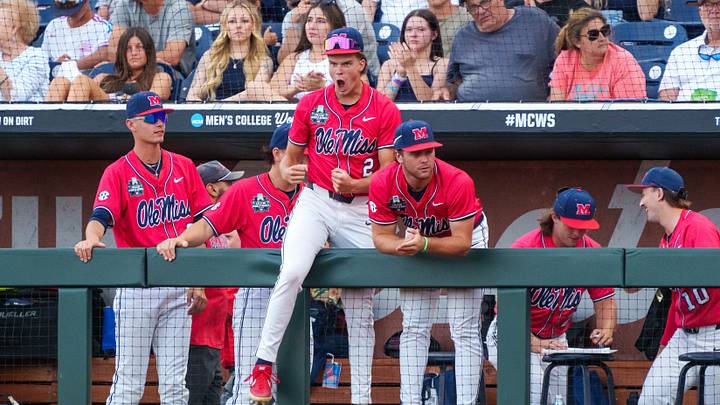 Mississippi Rebels outfielder Brett Moseley celebrates after a strikeout to end the fifth inning against the North Carolina Tar Heels at Charles Schwab Field. Mississippi Rebels outfielder Brett Moseley celebrates after a strikeout to end the fifth inning against the North Carolina Tar Heels at Charles Schwab Field.