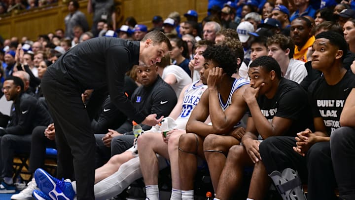 Louisville v Duke; Duke basketball head coach Jon Scheyer talks to the bench