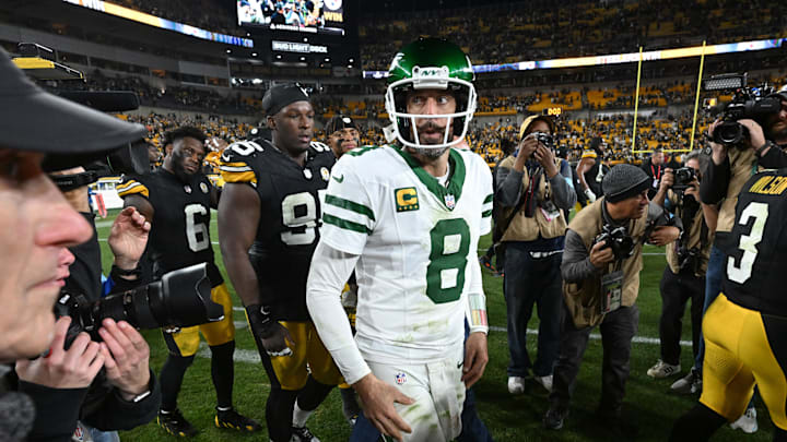 Oct 20, 2024; Pittsburgh, Pennsylvania, USA; New York Jets quarterback Aaron Rodgers (8) reacts following a loss to the Pittsburgh Steelers at Acrisure Stadium. Mandatory Credit: Barry Reeger-Imagn Images