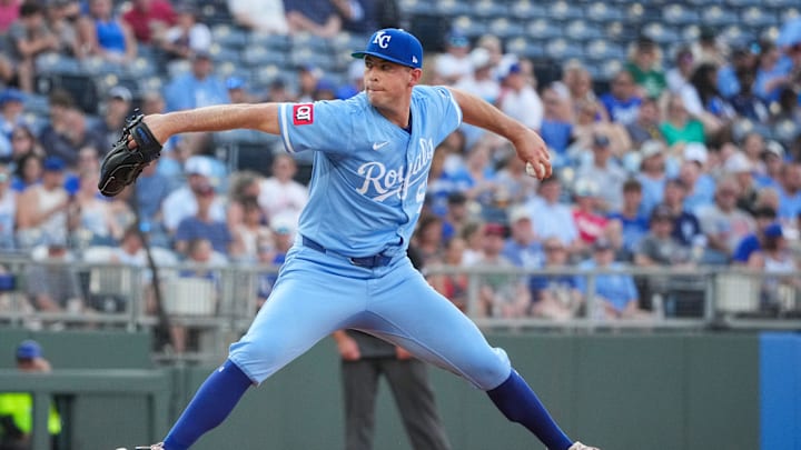 Jul 26, 2025; Kansas City, Missouri, USA; Kansas City Royals starting pitcher Kris Bubic (50) delivers a pitch against the Cleveland Guardians during the first inning at Kauffman Stadium. Mandatory Credit: Denny Medley-Imagn Images