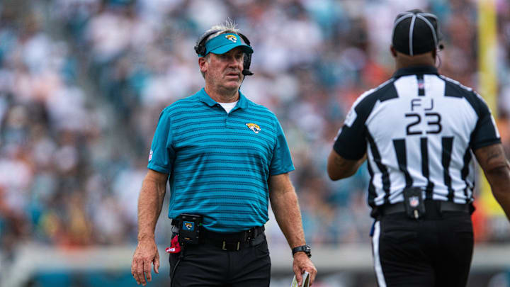 Sep 15, 2024; Jacksonville, Florida, USA; Jacksonville Jaguars head coach Doug Pederson talks with an official in the second quarter against the Cleveland Browns at EverBank Stadium. Mandatory Credit: Jeremy Reper-Imagn Images