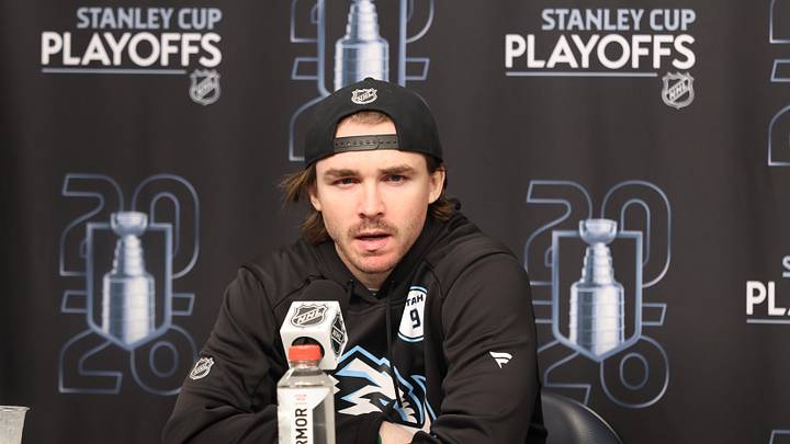 Apr 24, 2026; Salt Lake City, Utah, USA; Utah Mammoth right wing Clayton Keller (9) speaks to the media after game three of the first round of the 2026 Stanley Cup Playoffs against the Vegas Golden Knights at Delta Center. Mandatory Credit: Rob Gray-Imagn Images Apr 24, 2026; Salt Lake City, Utah, USA; Utah Mammoth right wing Clayton Keller (9) speaks to the media after game three of the first round of the 2026 Stanley Cup Playoffs against the Vegas Golden Knights at Delta Center. Mandatory Credit: Rob Gray-Imagn Images
