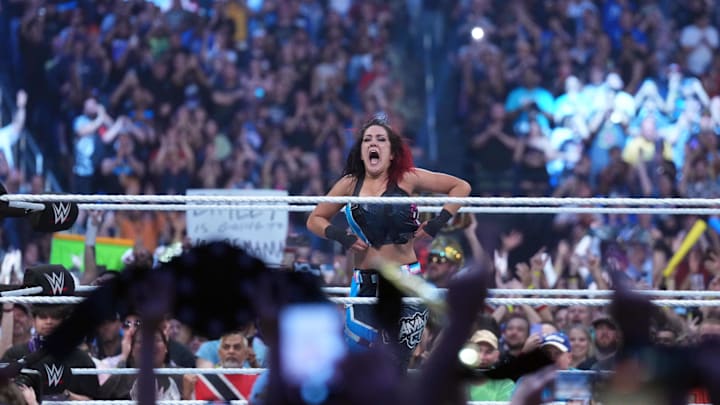 Jan 27, 2024; St. Petersburg, FL, USA; Bayley celebrates after winning the women   s Royal Rumble