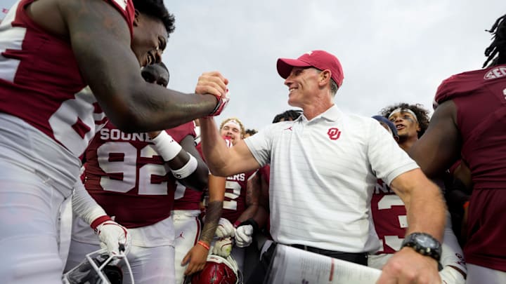 Oklahoma coach Brent Venables celebrates with Oklahoma Sooners wide receiver Jer'Michael Carter (84) after a college football game between the University of Oklahoma Sooners (OU) and the Auburn Tigers at Gaylord Family Ð Oklahoma Memorial Stadium in Norman, Okla., Saturday,Sept. 20, 2025. Oklahoma won 24-17. Oklahoma coach Brent Venables celebrates with Oklahoma Sooners wide receiver Jer'Michael Carter (84) after a college football game between the University of Oklahoma Sooners (OU) and the Auburn Tigers at Gaylord Family Ð Oklahoma Memorial Stadium in Norman, Okla., Saturday,Sept. 20, 2025. Oklahoma won 24-17.