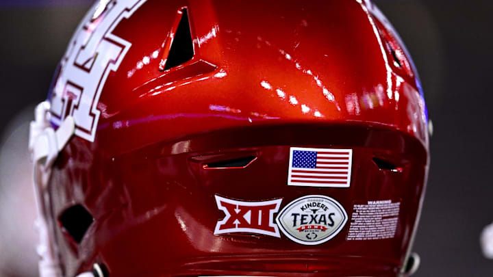 Dec 27, 2025; Houston, TX, USA; A detail view of a Texas Bowl decal on the back of a Houston Cougars helmet during the game against the Louisiana State Tigers at NRG Stadium. Mandatory Credit: Maria Lysaker-Imagn Images 