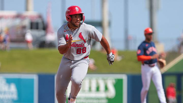 Feb 22, 2026; West Palm Beach, Florida, USA; St. Louis Cardinals designated hitter Raniel Rodriguez (88) runs toward third base against the Houston Astros during the third inning at CACTI Park of the Palm Beaches. Mandatory Credit: Sam Navarro-Imagn Images Feb 22, 2026; West Palm Beach, Florida, USA; St. Louis Cardinals designated hitter Raniel Rodriguez (88) runs toward third base against the Houston Astros during the third inning at CACTI Park of the Palm Beaches. Mandatory Credit: Sam Navarro-Imagn Images