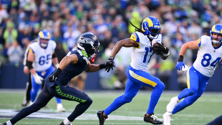 Jan 25, 2026; Seattle, WA, USA; Los Angeles Rams wide receiver Davante Adams (17) runs after a catch against the Seattle Seahawks during the first half in the 2026 NFC Championship Game at Lumen Field. Mandatory Credit: Steven Bisig-Imagn Images Jan 25, 2026; Seattle, WA, USA; Los Angeles Rams wide receiver Davante Adams (17) runs after a catch against the Seattle Seahawks during the first half in the 2026 NFC Championship Game at Lumen Field. Mandatory Credit: Steven Bisig-Imagn Images