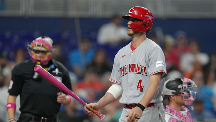 May 14, 2023; Miami, Florida, USA;  Cincinnati Reds right fielder Wil Myers (4) walks back to the dugout after striking out against the Miami Marlins in the seventh inning at loanDepot Park. Mandatory Credit: Jim Rassol-Imagn Images