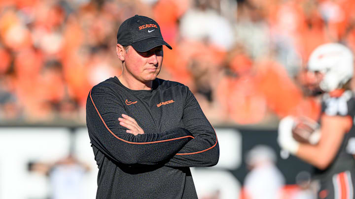 Sep 21, 2024; Corvallis, Oregon, USA; Oregon State Beavers head coach Trent Bray watches warmups before the game against the Purdue Boilermakers at Reser Stadium. Mandatory Credit: Craig Strobeck-Imagn Images Sep 21, 2024; Corvallis, Oregon, USA; Oregon State Beavers head coach Trent Bray watches warmups before the game against the Purdue Boilermakers at Reser Stadium. Mandatory Credit: Craig Strobeck-Imagn Images