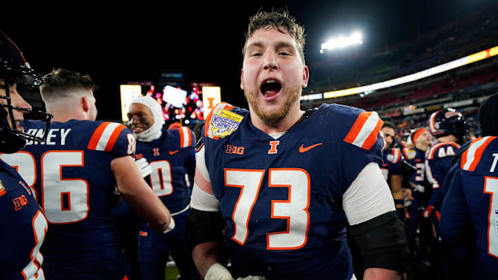 Illinois offensive lineman Josh Gesky (73) celebrating the win over Tennessee in the Music City Bowl NCAA college football game on Dec. 30, 2025, in Nashville, Tennessee.