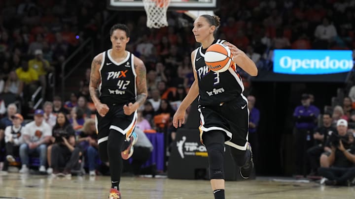 May 21, 2023; Phoenix, Arizona, USA; Phoenix Mercury guard Diana Taurasi (3) and center Brittney