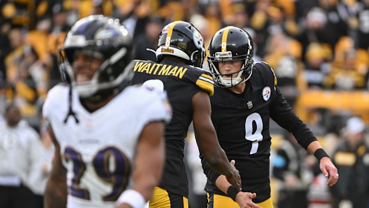 Nov 17, 2024; Pittsburgh, Pennsylvania, USA; Pittsburgh Steelers place kicker Chris Boswell (9) celebrates with holder Corliss Waitman (8) after kicking a field goal against the Baltimore Ravens during the second quarter at Acrisure Stadium. Mandatory Credit: Barry Reeger-Imagn Images