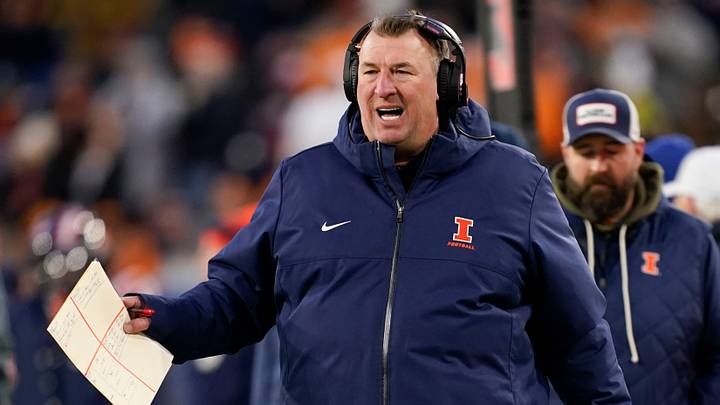 Illinois coach Bret Bielema disputes a call in the first quarter of the Music City Bowl against Tennessee in an NCAA football game on Dec. 30, 2025, in Nashville, Tennessee. Illinois coach Bret Bielema disputes a call in the first quarter of the Music City Bowl against Tennessee in an NCAA football game on Dec. 30, 2025, in Nashville, Tennessee.