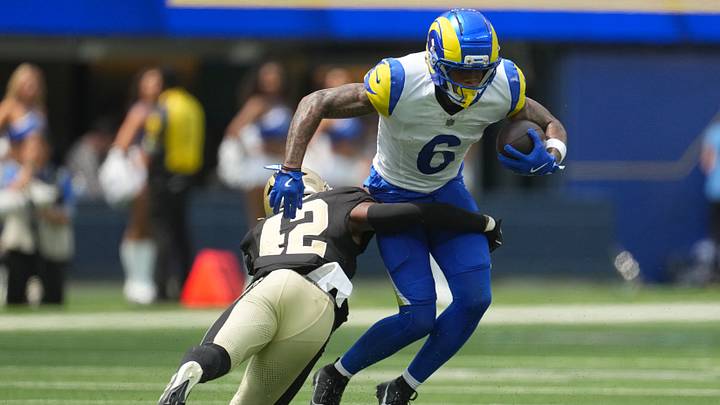 Aug 22, 2026; Inglewood, California, USA; Los Angeles Rams wide receiver CJ Daniels (6) carries the ball against
42 in the first half at SoFi Stadium. Mandatory Credit: Kirby Lee-Imagn Images Aug 22, 2026; Inglewood, California, USA; Los Angeles Rams wide receiver CJ Daniels (6) carries the ball against
42 in the first half at SoFi Stadium. Mandatory Credit: Kirby Lee-Imagn Images