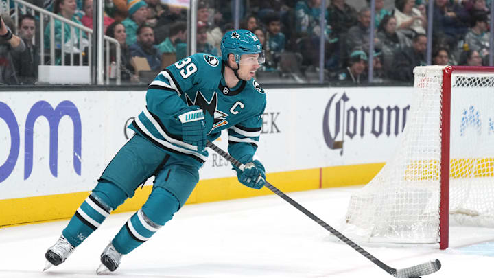 Jan 20, 2024; San Jose, California, USA; San Jose Sharks center Logan Couture (39) skates with the