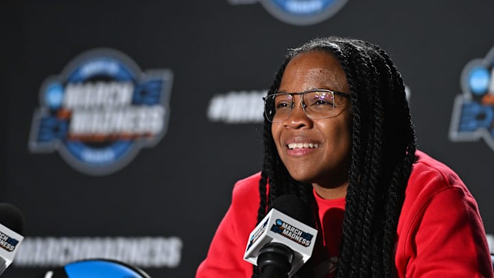 Mar 27, 2025; Spokane, WA, USA; Ole Miss Rebels head coach Yolett McPhee-McCuin talks with media during an NCAA Tournament practice session at Spokane Arena. Mandatory Credit: James Snook-Imagn Images