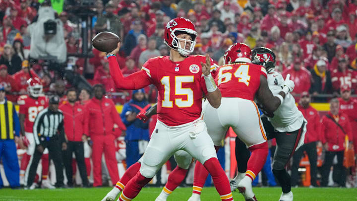 Nov 4, 2024; Kansas City, Missouri, USA; Kansas City Chiefs quarterback Patrick Mahomes (15) throws a pass against the Tampa Bay Buccaneers during the first half at GEHA Field at Arrowhead Stadium. Mandatory Credit: Denny Medley-Imagn Images