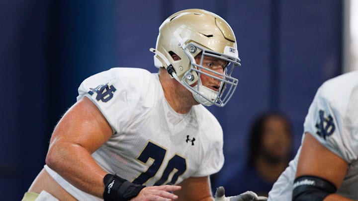 Notre Dame offensive lineman Ashton Craig participates in a drill during a Notre Dame football practice at Irish Athletic Center on Thursday, Aug. 15, 2024, in South Bend.
