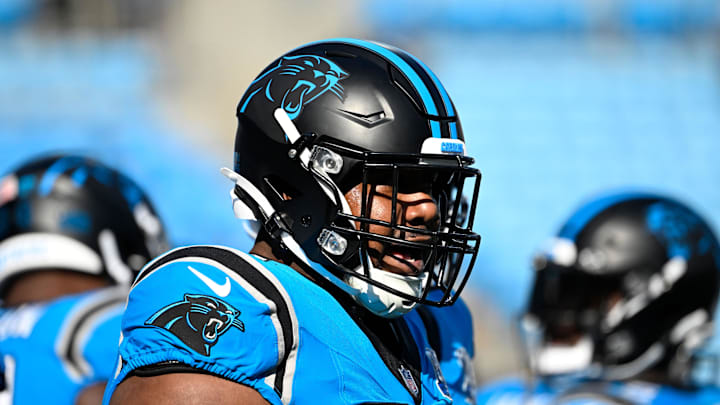 Oct 13, 2024; Charlotte, North Carolina, USA; Carolina Panthers defensive tackle Shy Tuttle (99) before the game at Bank of America Stadium. Mandatory Credit: Bob Donnan-Imagn Images