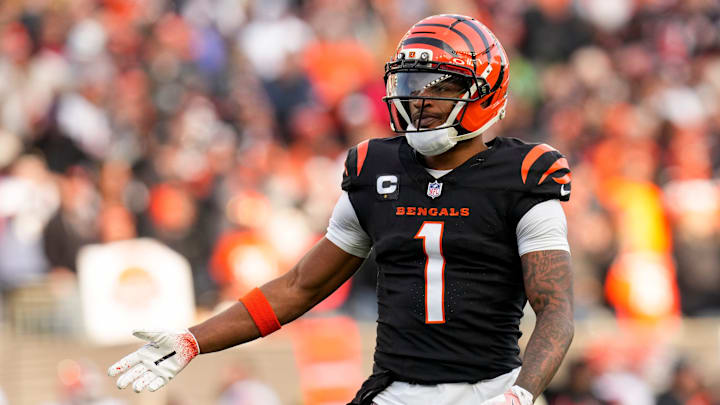 Cincinnati Bengals wide receiver Ja'marr Chase (1) reacts after the Bengals are forced to punt in the fourth quarter against the Cleveland Browns at Paycor Stadium. Cincinnati Bengals wide receiver Ja'marr Chase (1) reacts after the Bengals are forced to punt in the fourth quarter against the Cleveland Browns at Paycor Stadium.