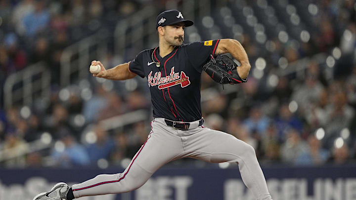 Toronto, Ontario, CAN; Atlanta Braves starting pitcher Spencer Strider (99) pitches to the Toronto Blue Jays during the first inning at Rogers Centre.