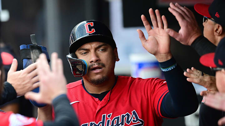 Sep 17, 2023; Cleveland, Ohio, USA; Cleveland Guardians first baseman Josh Naylor (22) celebrates