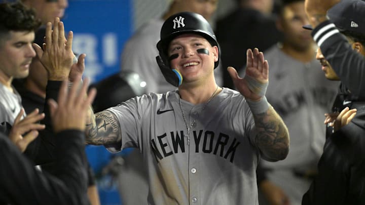 May 30, 2024; Anaheim, California, USA;  New York Yankees left fielder Alex Verdugo (24) in the dugout after scoring on a bases loaded walk in the seventh inning against the Los Angeles Angels at Angel Stadium. Mandatory Credit: Jayne Kamin-Oncea-USA TODAY Sports