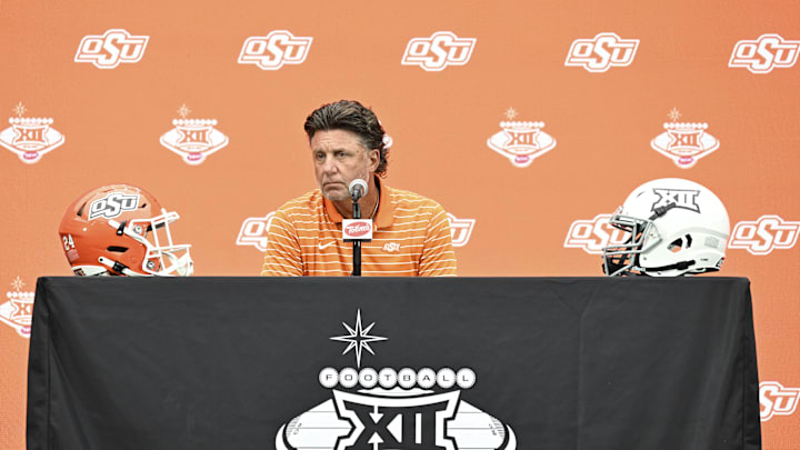 Jul 9, 2024; Las Vegas, NV, USA; Oklahoma State Cowboys head coach Mike Gundy speaks to the media during the Big 12 Media Days at Allegiant Stadium. Mandatory Credit: Candice Ward-Imagn Images