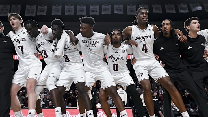 Jan 3, 2026; College Station, Texas, USA; Texas A&M Aggies celebrate the win over Louisiana State Tigers at Reed Arena. Mandatory Credit: Maria Lysaker-Imagn Images 