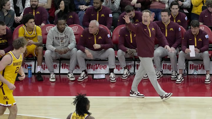 Minnesota head coach Niko Medved is shown during the first half of their game against Wisconsin Wednesday, January 28, 2026 at the Kohl Center in Madison, Wisconsin.