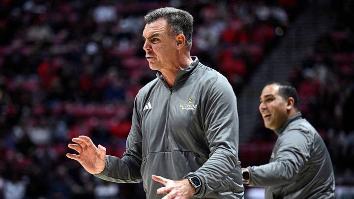 Dec 9, 2023; San Diego, California, USA; UC Irvine Anteaters head coach Russell Turner (center)reacts during the second half against the San Diego State Aztecs at Viejas Arena. Mandatory Credit: Orlando Ramirez-USA TODAY Sports