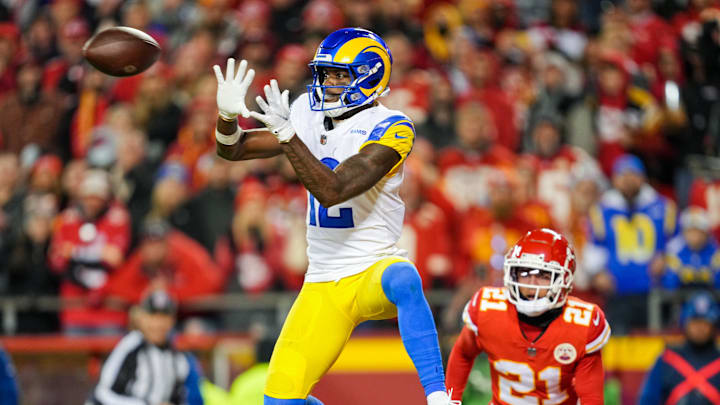 Nov 27, 2022; Kansas City, Missouri, USA; Los Angeles Rams wide receiver Van Jefferson (12) catches a touchdown pass as Kansas City Chiefs cornerback Trent McDuffie (21) defends during the second half at GEHA Field at Arrowhead Stadium. Mandatory Credit: Jay Biggerstaff-USA TODAY Sports Nov 27, 2022; Kansas City, Missouri, USA; Los Angeles Rams wide receiver Van Jefferson (12) catches a touchdown pass as Kansas City Chiefs cornerback Trent McDuffie (21) defends during the second half at GEHA Field at Arrowhead Stadium. Mandatory Credit: Jay Biggerstaff-USA TODAY Sports