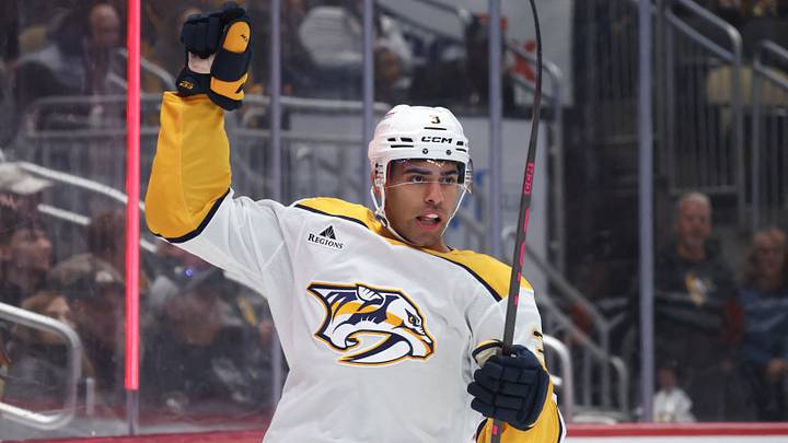 Oct 24, 2026; Pittsburgh, Pennsylvania, USA; Nashville Predators defenseman Jayden Struble (3) celebrates after scoring a goal against the Pittsburgh Penguins during the second period at PPG Paints Arena. Mandatory Credit: Charles LeClaire-Imagn Images Oct 24, 2026; Pittsburgh, Pennsylvania, USA; Nashville Predators defenseman Jayden Struble (3) celebrates after scoring a goal against the Pittsburgh Penguins during the second period at PPG Paints Arena. Mandatory Credit: Charles LeClaire-Imagn Images