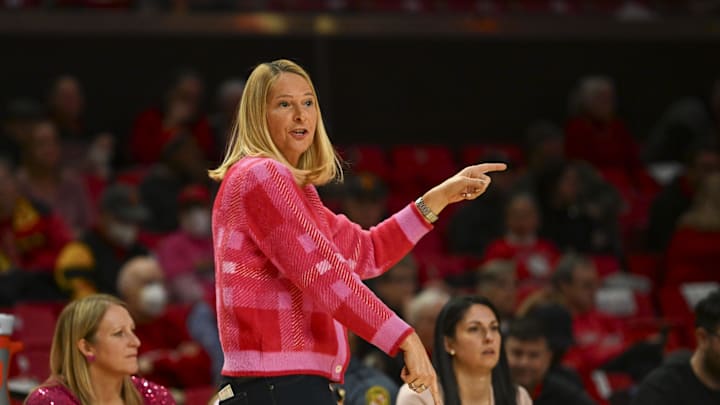 Jan 31, 2024; College Park, Maryland, USA;  Maryland Terrapins head coach Brenda Frese reacts during the first half against the Indiana Hoosiers at Xfinity Center. Mandatory Credit: Tommy Gilligan-Imagn Images