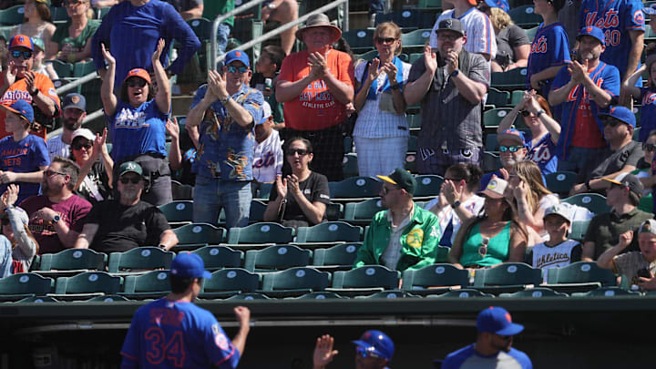 Apr 13, 2025; West Sacramento, California, USA; New York Mets fans cheer as pitcher Kodai Senga (34) walks to the dugout after the end of the seventh inning against the Athletics at Sutter Health Park. Apr 13, 2025; West Sacramento, California, USA; New York Mets fans cheer as pitcher Kodai Senga (34) walks to the dugout after the end of the seventh inning against the Athletics at Sutter Health Park.